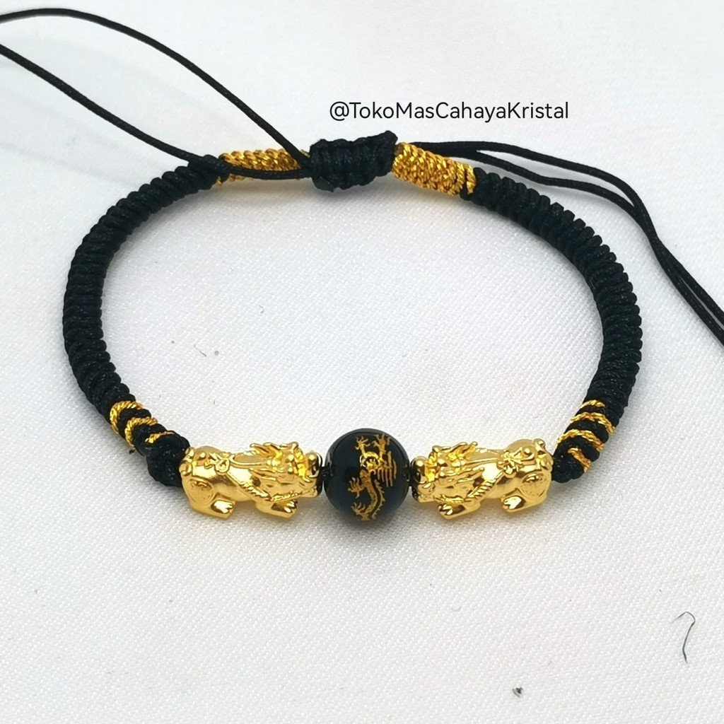 Gelang Tali Emas Charm 2 Dragon /Naga/Jilin/Pixiu Emas 24K HK Hongkong 999% -Gold Bracelet