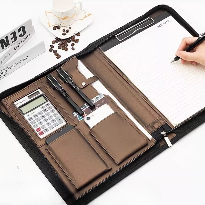 

A4 Document File Folder Padfolio Briefcase Document Organizer with Calculator Zipper PU Leather Office Executive Manager Bag