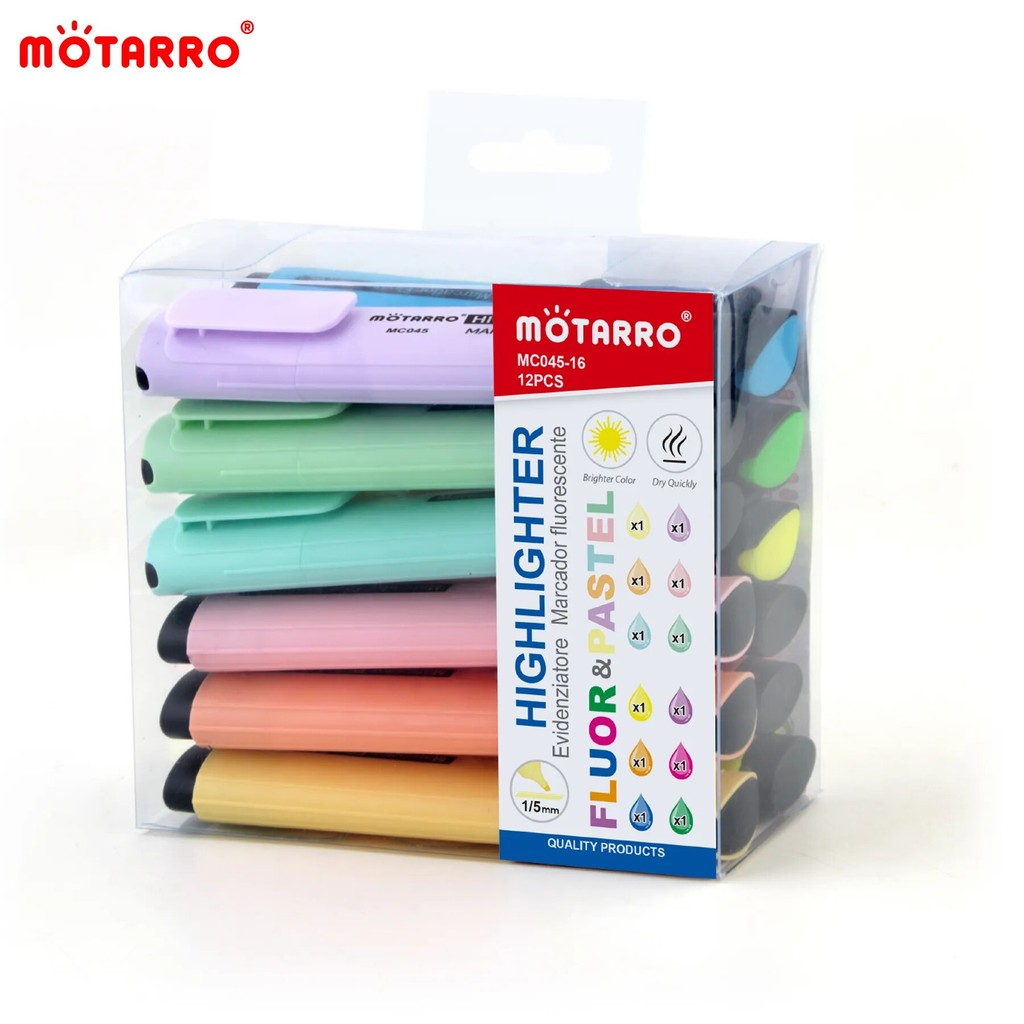 

MOTARRO 12Pcs Pvc Box Markers Fluorescent Colors Tiny Highlighter Pen Chisel Tip Cute Kawaii Design for Writing Graffiti Drawing