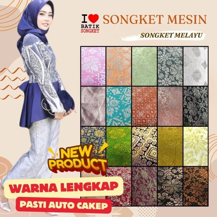 Songket mesin pastel benang silver bahan kain tenun palembang kebaya - random