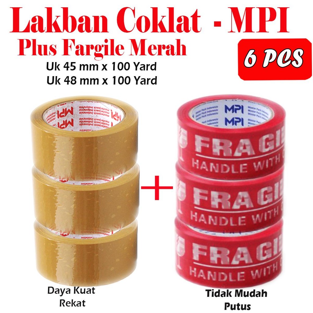 

3 Pcs Lakban Coklat Uk 45 x 100 + 3 Pcs Lakban Fragile Merah Uk 48 x 100 Yard - MPI