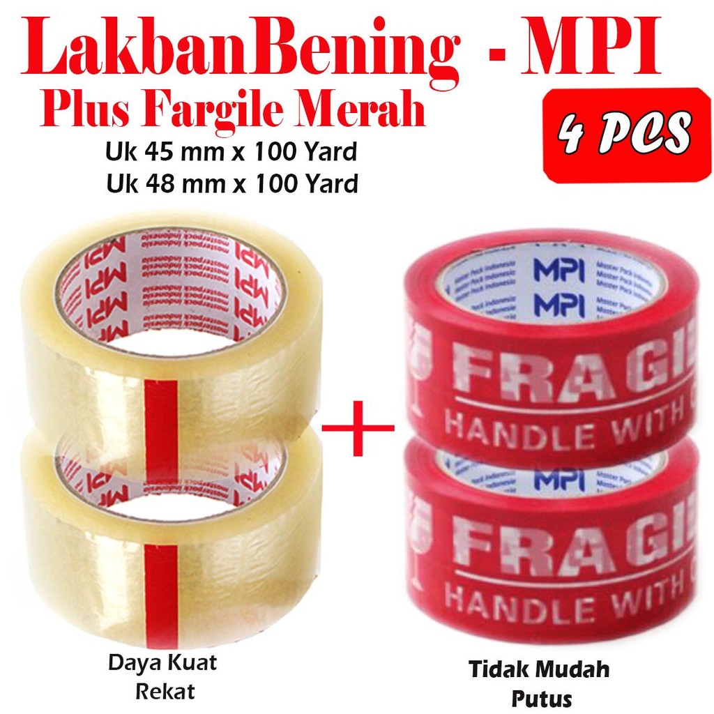 

2 Pcs Lakban Bening Uk 45 mm x 100 Yard + 2 Pcs Lakban Fragile Merah Uk 48 x 100 Yard - MPI
