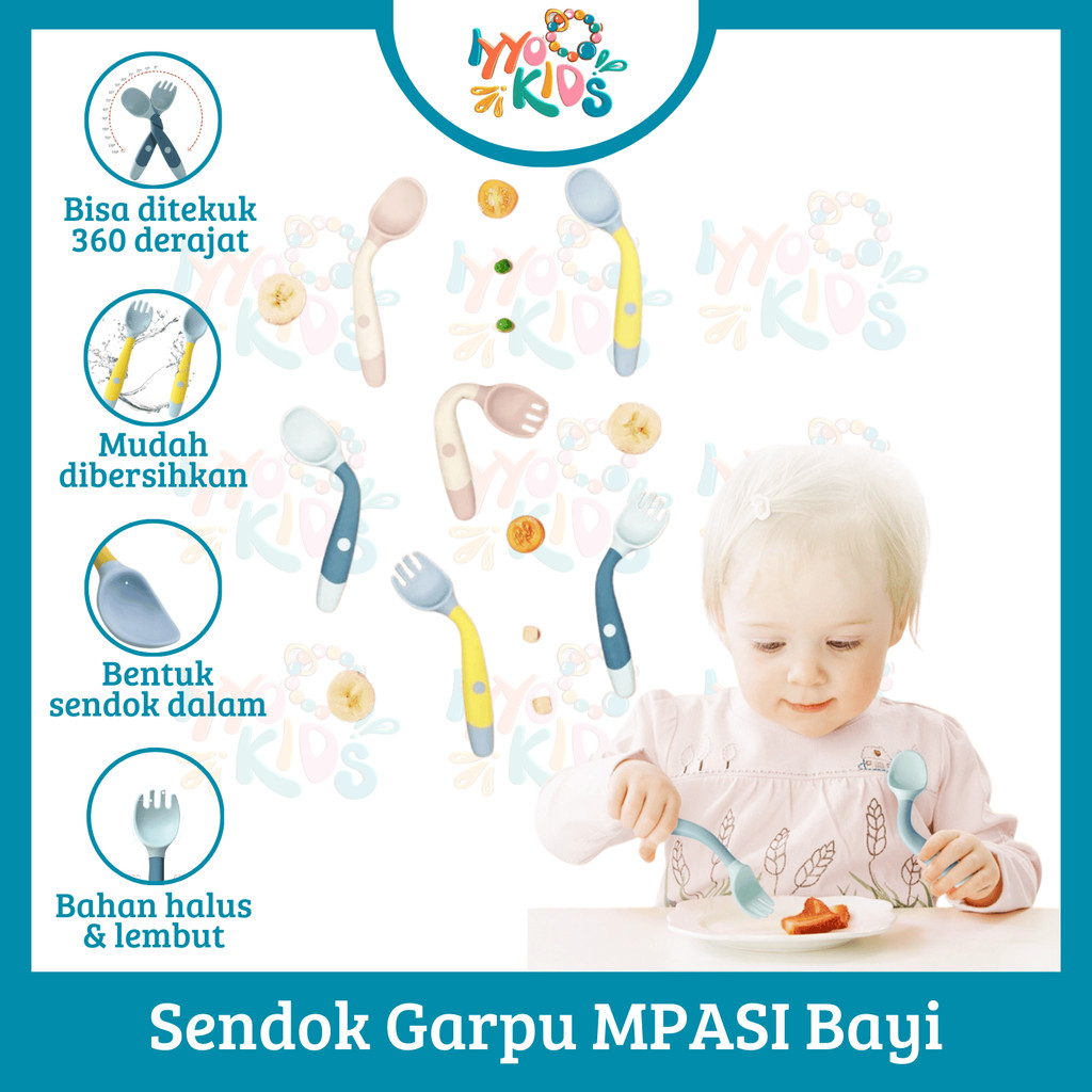 IYYO KIDS | MKN72 Sendok dan Garpu MPASI Bayi Bisa Ditekuk 360° Baby Spoon Fork Set Peralatan Makan 