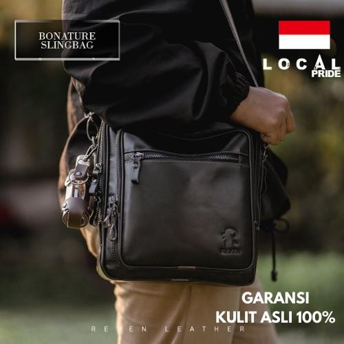 Tas Selempang Pria  Kulit Asli Reven Bonature Sling Bag Original Branded Premium - Hitam