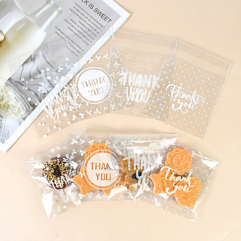 

100pcs Thank You Clear Candy Bags Self-Adhesive Plastic Transparent Cookie Baking Bag Wedding Birthday Party Favor Decorations