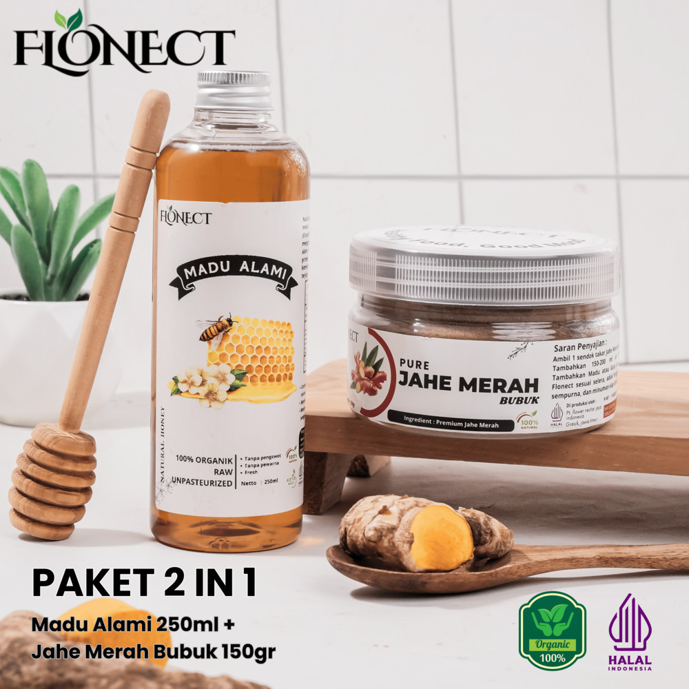 

Paket hemat 2 in 1 Jahe Merah bubuk 150gr dan Madu Alami 250ml by Flonect