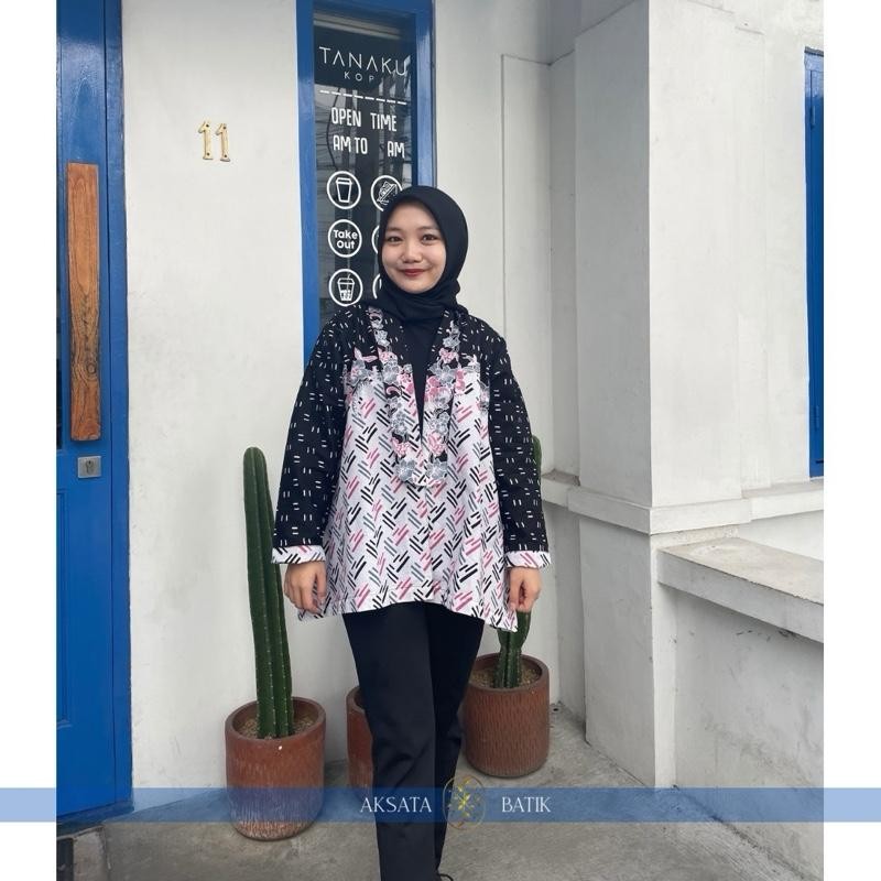 AKSATA BATIK - outer cewek blus motif puspa aksen merah jambu bahan katun premium halus model kekini