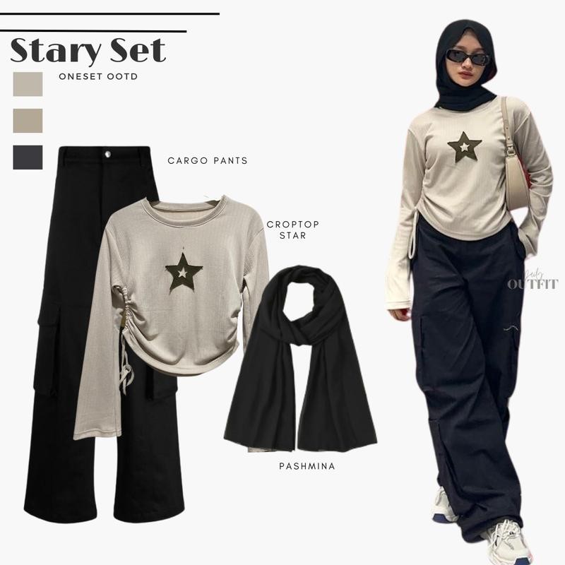 Outfit Cewe Skena ( Kaos Star + Celana Kulot + Pashmina ) One set OOTD Hangout - Stary