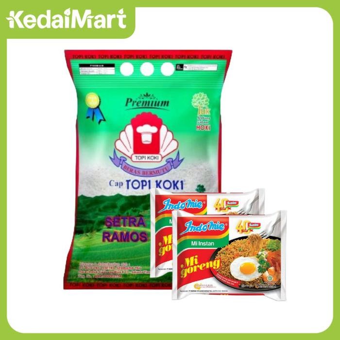 

B ss KM Paket Beras Premium Ramos Topi Koki 5 Kg + 2 Pcs Indomie Goreng