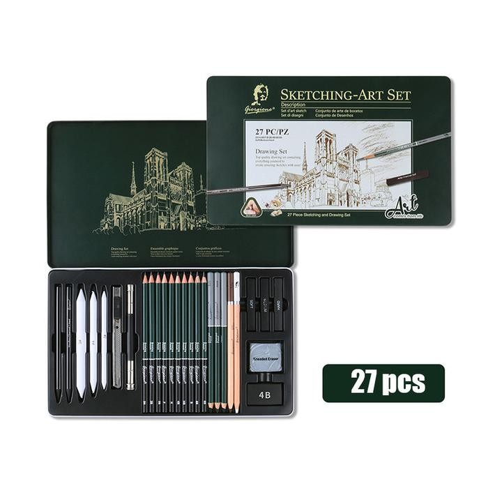 

19/27PCS Pensil Gambar Dalam Kotak Besi, Set Pensil Sketsa Untuk Pemula - 27 PCS