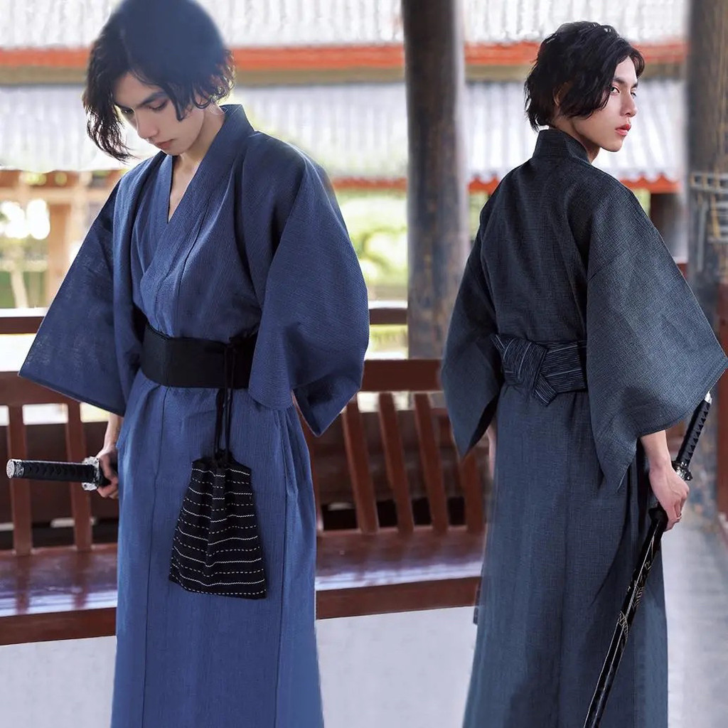 Trational Japanese KIMONO Fashion YUKATA Summer Men Long Robes With Belt 95% Cotton Pajamas Set Male