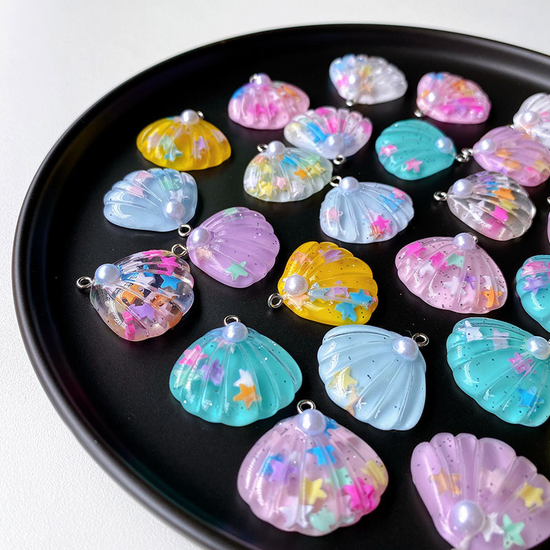 1 Pcs Charm Resin - Kerang Corak dengan Mutiara Pearl Glitter