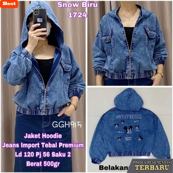 jaket jeans wanita GGH915 Jaket Wanita Jeans Denim Jumbo Full resleting LD120 pj56 bordir mickey ada
