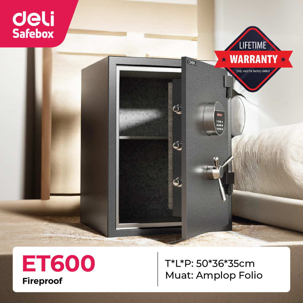 

Brankas Digital DELI ET-600 Fire Proof & Solid Steel Bold / Safe Box Tahan Api Dual Lock