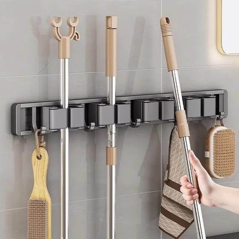 

Mop and Broom Organizer Holder Rack Mop Holder Wall Mounted Strong Broom Holder Self With 5 Hooks Organizers Hang Broom