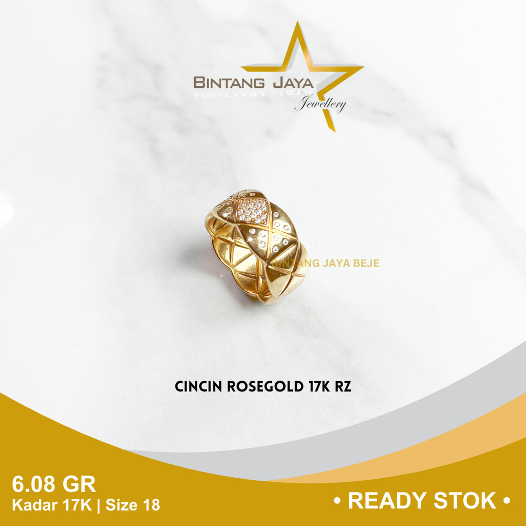 Cincin Emas Rosegold Kadar 750 17K Berat 6.08 gr gram Size Ukuran 18 Model Ukir Mata Putih Cicin Ros