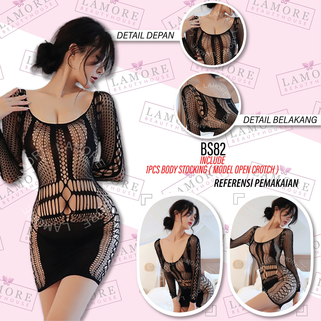 Body Stocking Mini Dress Jaring Transparan Lengan Panjang Hitam Bs82