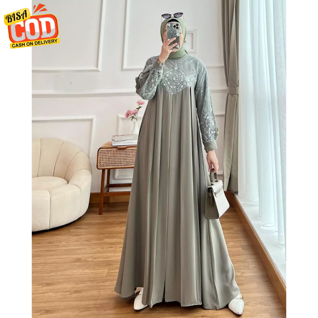 GAMIS WANITA AMEENA BAHAN CERUTY BABYDOLL MIX BRUKAT TILE DRESS KONDANGAN GAMIS WARNA HIJAU DRESS GA