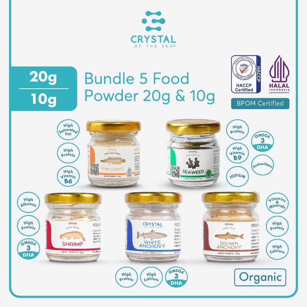 

Crystal of the Sea | Bundle 5 Food Powder (20GR & 10GR) | Bubuk Ikan Teri Nasi | Bubuk Udang Rebon | Bubuk Teri Jengki | Bubuk Rumput Laut/Umami | Bubuk Ikan Gabus / Penyedap Kaldu MPASI NON MSG PAKET HEMAT