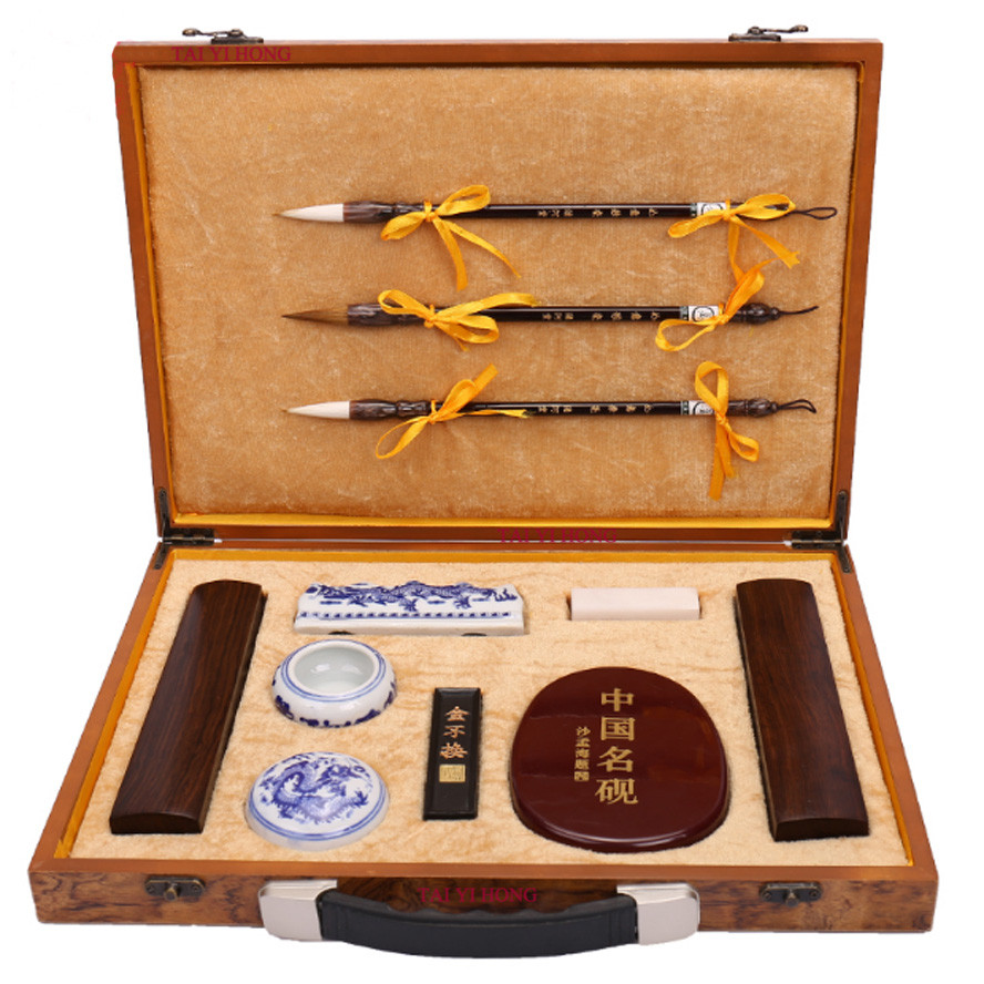

the Four Treasures of Study Chinese Calligraphy brushes Ink stick stationary Painting Supply Art Set gift Box for Artist