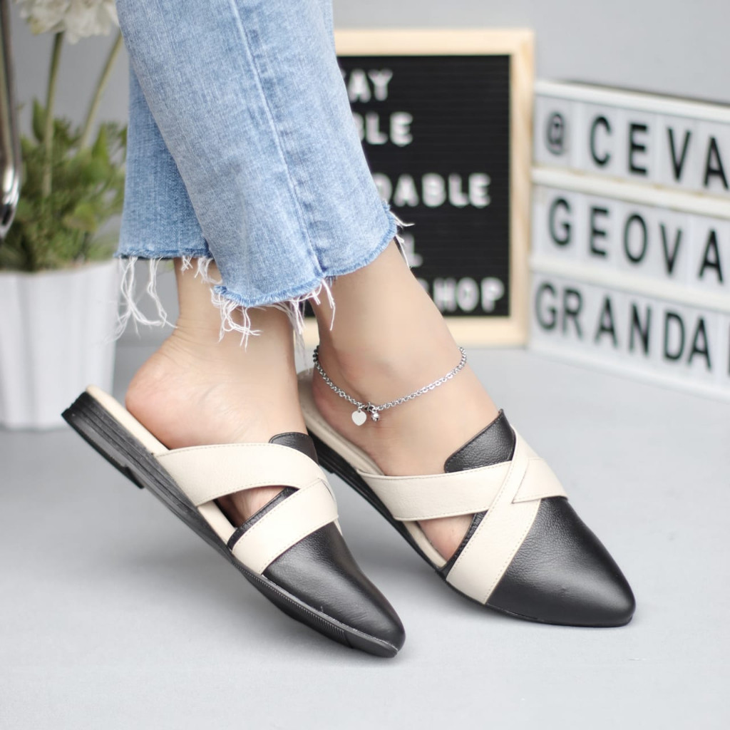 Sepatu Sandal Sendal Slop Selop Kulit Asli Teplek Flat Wanita Bustong Tutong KEYSA