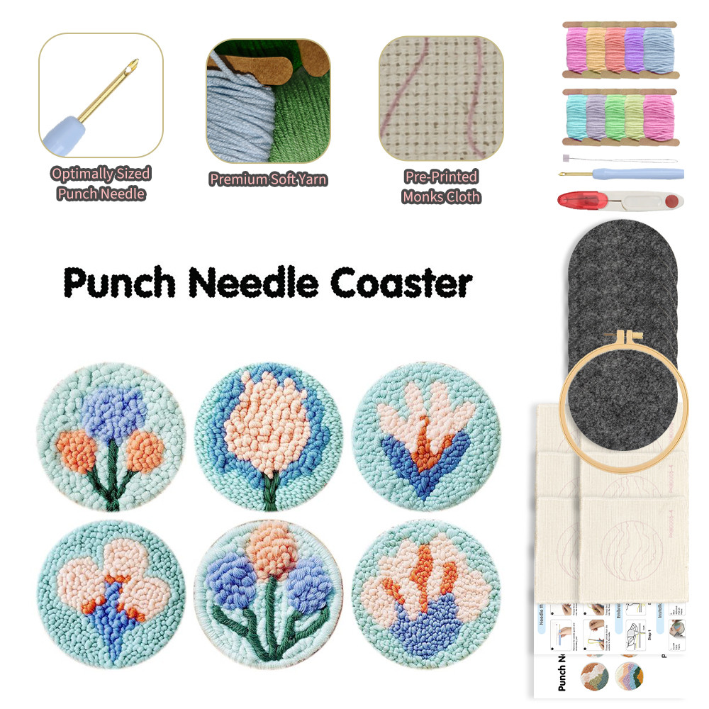 

CHENISTORY 6pcs/set Punch Needle Coaster kit Flower Patterns Punch Needle Embroidery Craft Kit DIY Felting Coaster for Adults