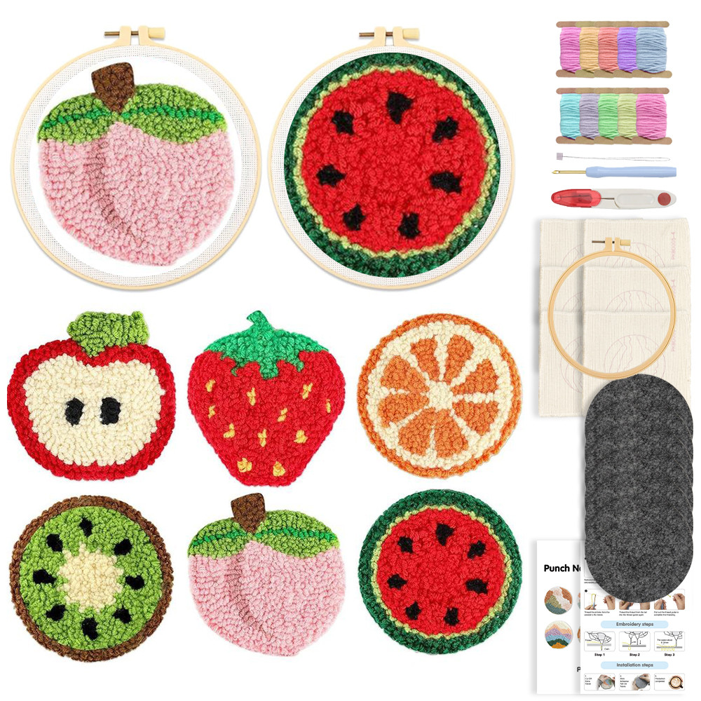 

SDOYUNO 6 Pcs Fruit Punch Needle Coaster Kit Punch Needle Embroidery Kit for Adults DIY Craft Supplies Tufted Coasters Tablemat