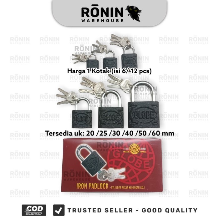 GLOBE Gembok Hitam Kunci Pintu Rumah Koper 40 50 60 mm [12/6pcs]