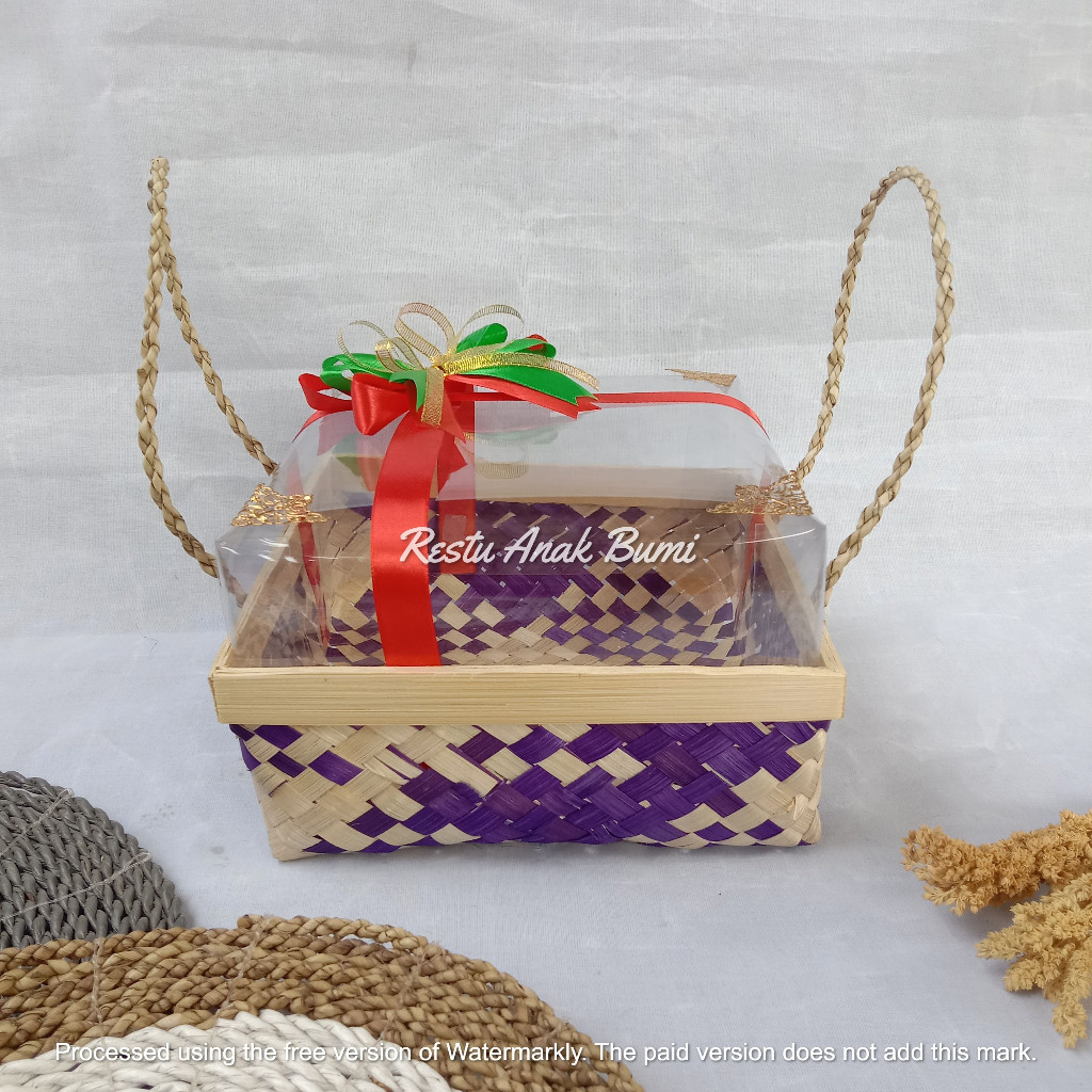 (BMT) Besek Mika Tinggi  Cangking Motif Ungu 20cm Pita Ukiran Emas  I Wadah seserahan sanggang mante