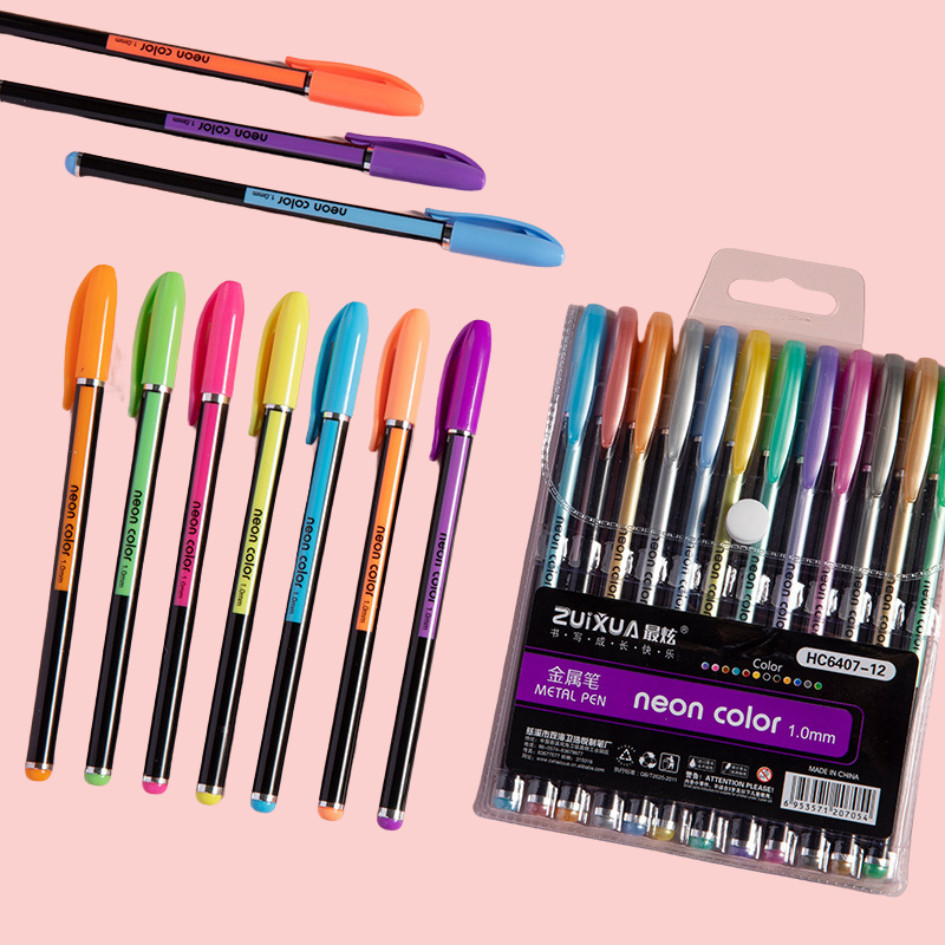 

MAOMAO - Pena Glitter Metalik 1.0mm Isi 12pcs Pulpen Warna Warni Tinta Pastel Neon Color Pen Pastel Ballpoint Craftwork Scrapbook Gel Ink Highlighter Penanda Buku Warna Warni Ujung Lembut