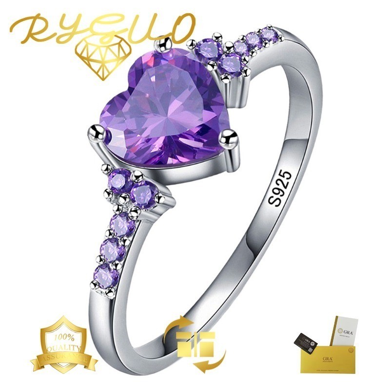 RYGUO Cincin Perak Moissanite Ungu Bentuk Hati Terlaris