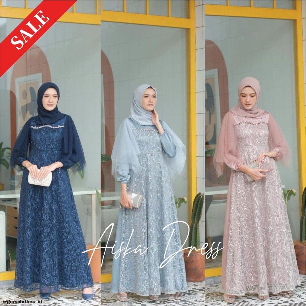 Aiska Dress - Gamis Brukat Wanita Syari Baju Pesta Kondangan - Brokat Kebaya Dewasa Gamis Brukat Kek