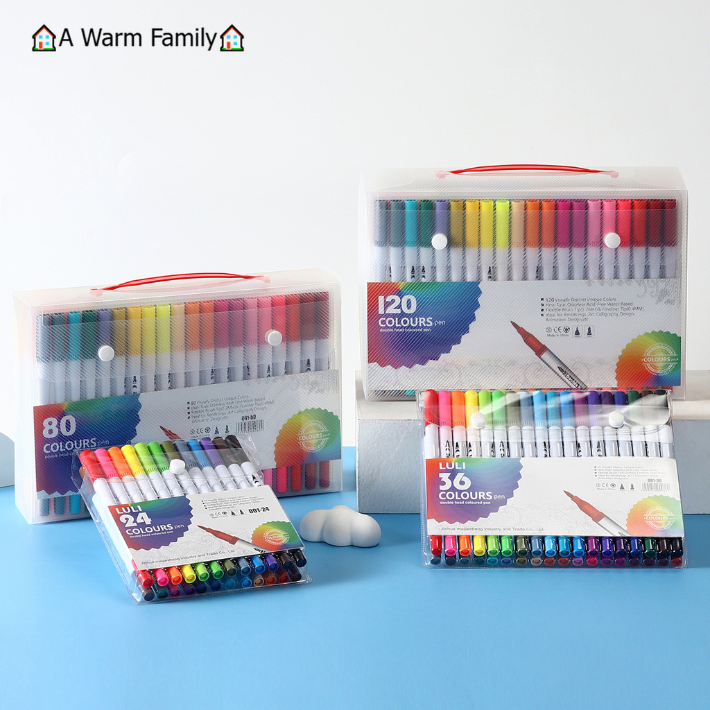 

Marker Pensil Air Berkepala Ganda 36/60/100/120 Warna Pena Lembut Set Alat Melukis Untuk Anak