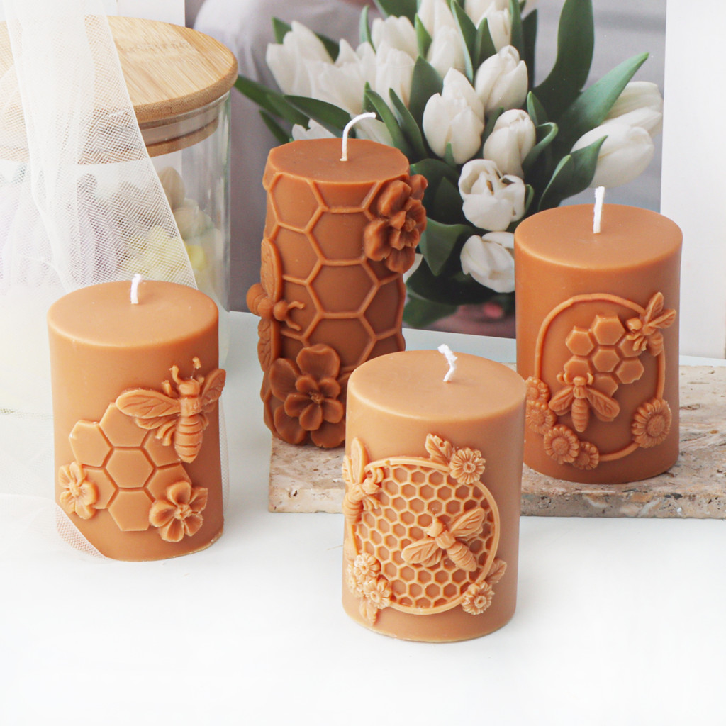 

3D Relief Bee Cylindrical Candle Silicone Mold DIY Honeycomb Column Aromatherapy Candle Plaster Making Tool Handmade Gift Decor