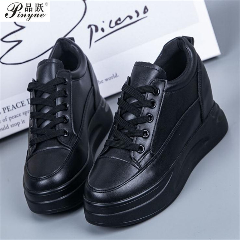 Hidden Heels Women Platform Wedge Sneakers Laes Leather  White BLACK Shoes Female Tenis Feminino Cas