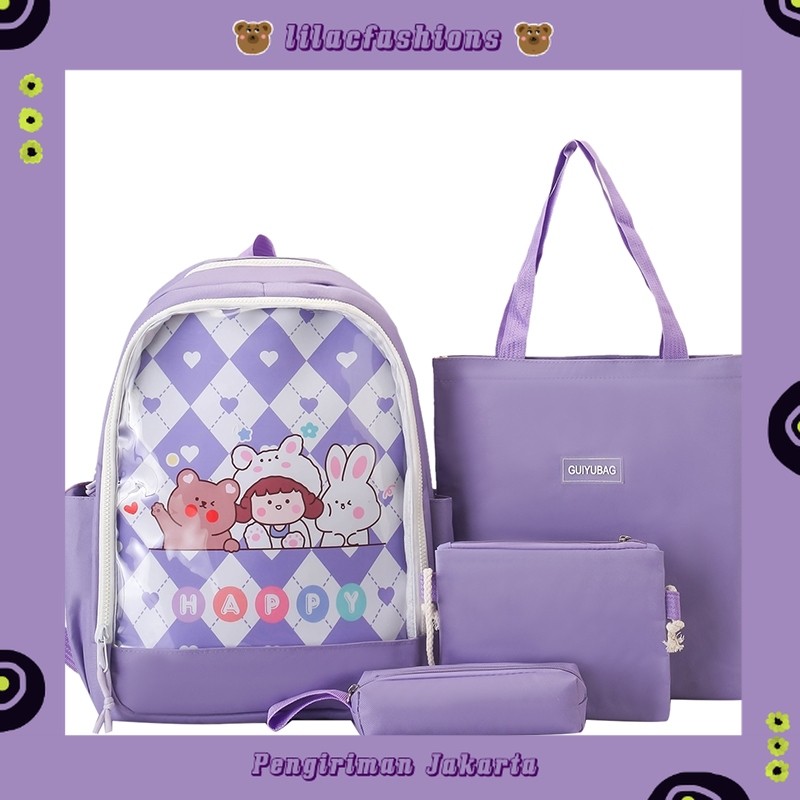LILAC BAG P22121 TAS RANSEL REMAJA SEKOLAH 4IN1 BACKPACK CEWEK LUCU KOREA AESTHETIC