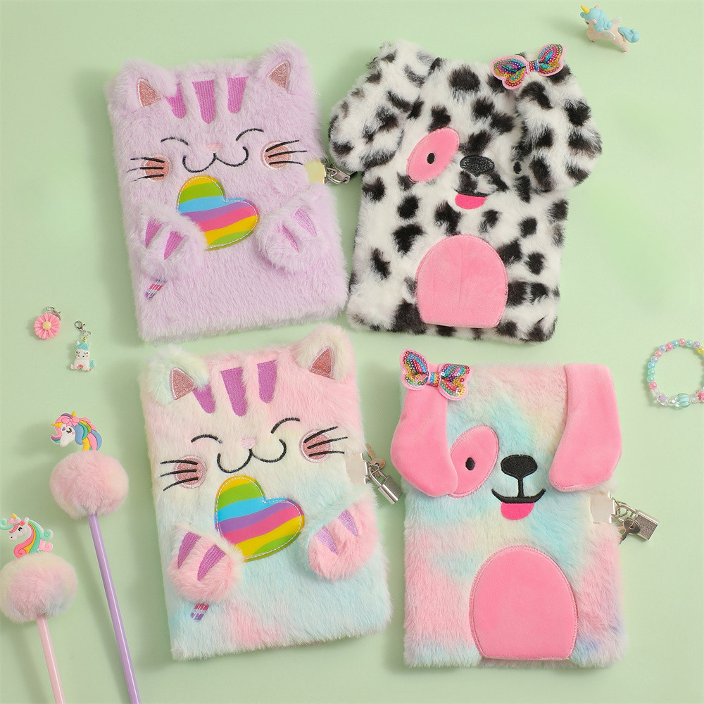 

Cartoon Plush Cat Notebook with Lock Student Diary Cute Furry Writing Notepad Children'S Stationery Gift Book Pocket Ledger Book