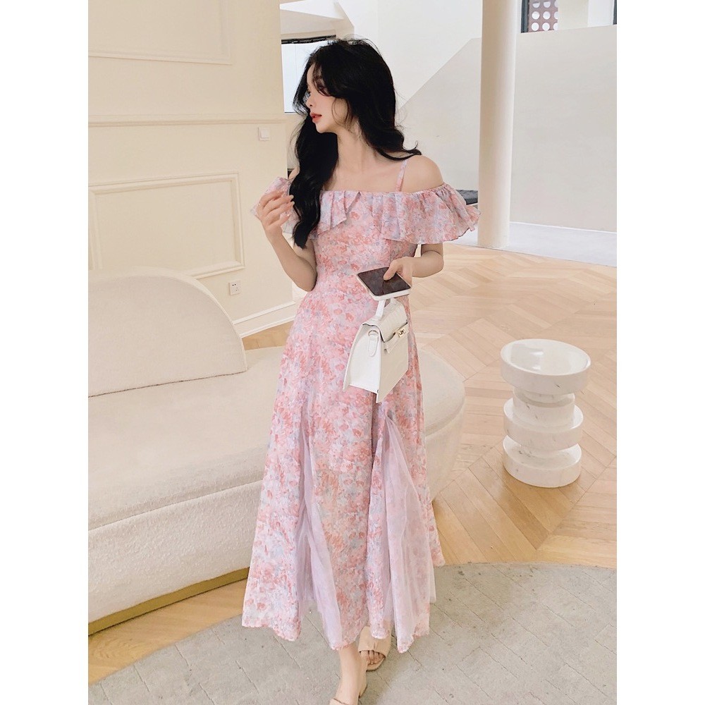 Miss Emita baju pink midi dress casual dress wanita gaun jambon korean style pantai lengan pendek bo