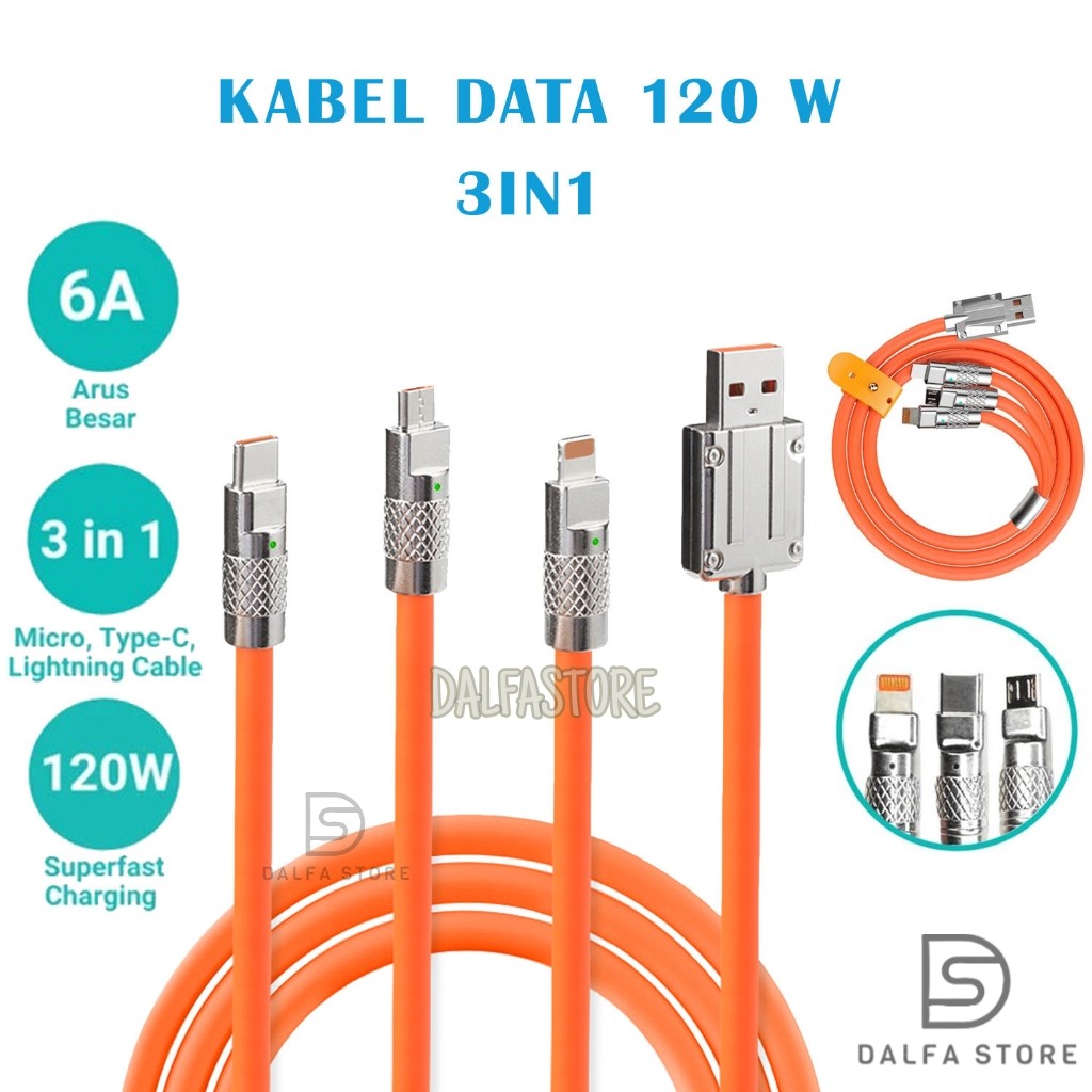 Kabel Data Fast Charging 120W 6A Micro Type C Lightning 3in1 Kabel Charger Ces Cesan Chargeran HP64