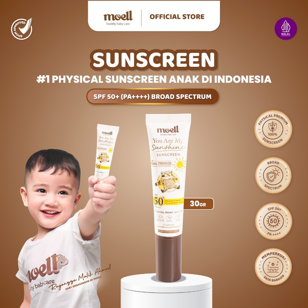 DF45YU Moell Physical Sunscreen Anak 30gr Dengan SPF (50+) PA(++++) Broad Spectrum, Water Resistant 