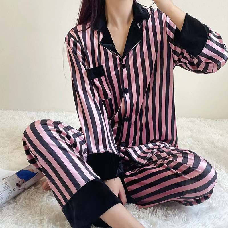 2024 piyama wanita satin baru bergaris-garis baju santai lengan panjang/baju tidur wanita
