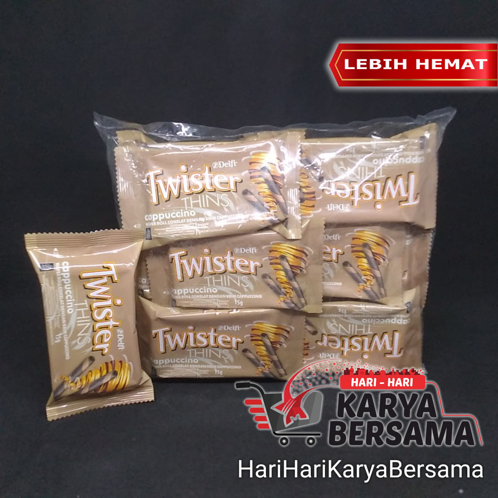 

MAKANAN RINGAN WAFER DELFI TWISTER ROLL CAPPUCCINO PACK ISI 12'S X 15GR