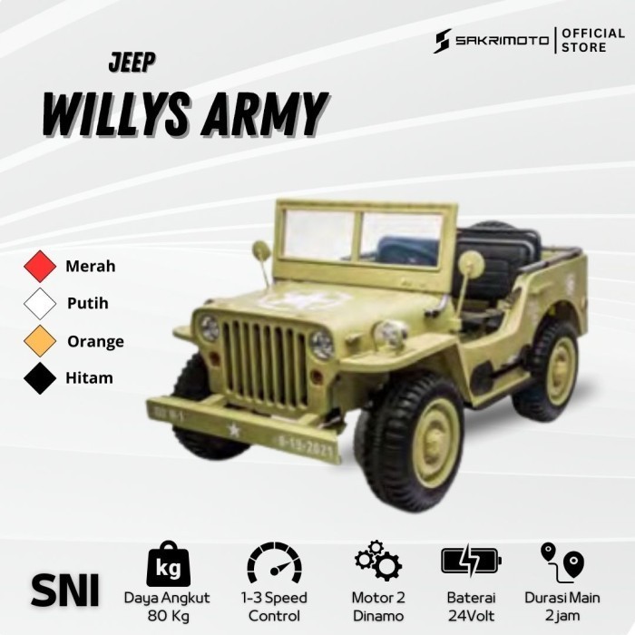 Mobil Anak Mainan Aki Jeep Willys 3 Seat Ban Karet  Cream ..