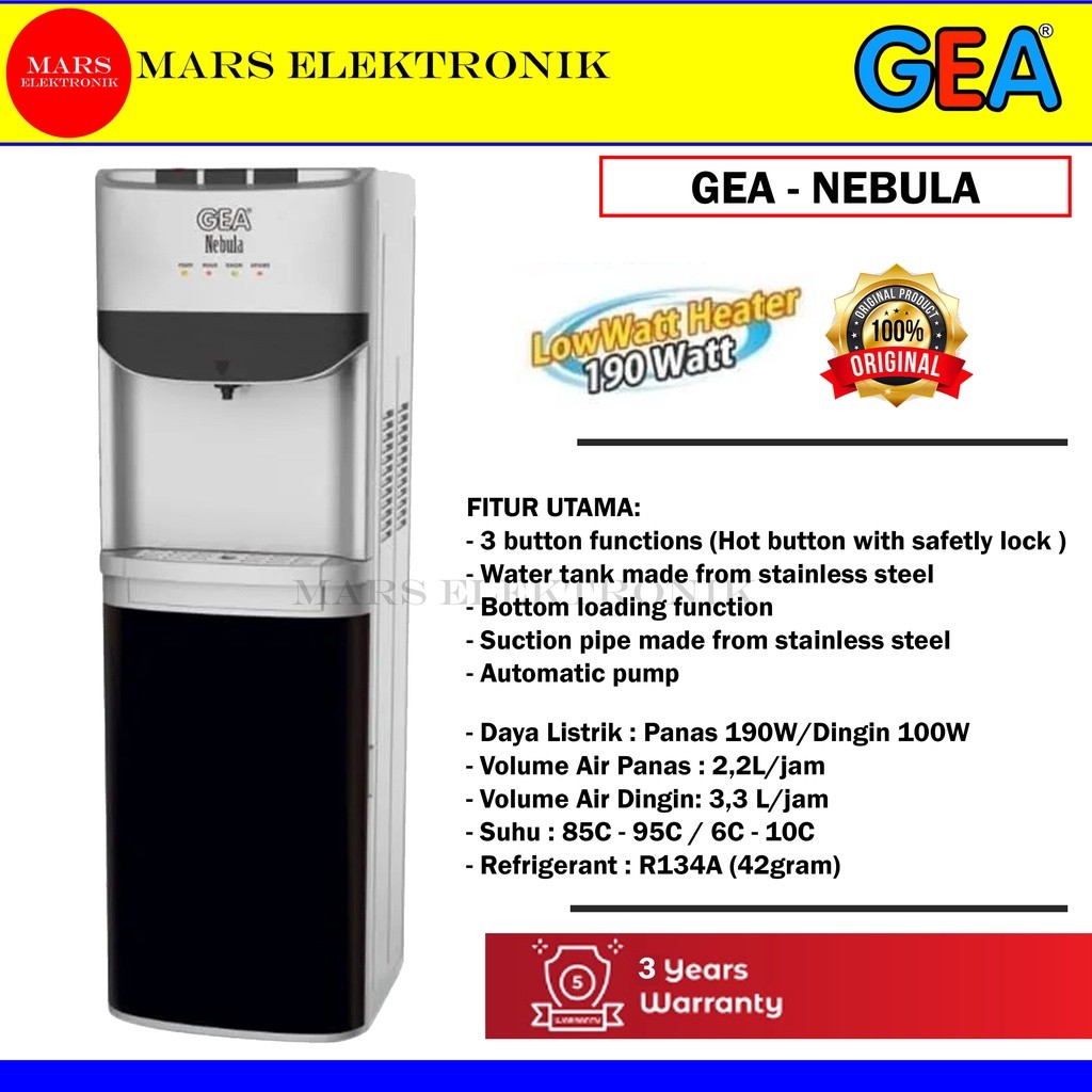 DISPENSER GEA NEBULA - GALON BAWAH - HOT NORMAL COOL    - WATER DISPENSER - DISPENSER GALON BAWAH GE