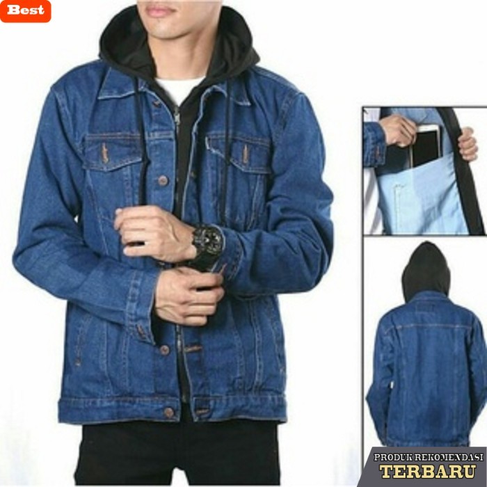 hoodie pria keren Jaket Jeans Denim Casual Pria Hoodie Ariel kombinasi Hitam - Biowash - ARIEL BIOWA