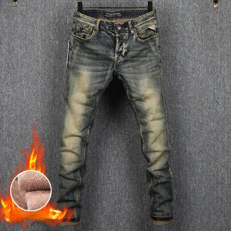 MEN FASHION Korean Style Clothes Brushed Fleece Denim Cargo Vintage Winter Straight Slim Luxury Stre