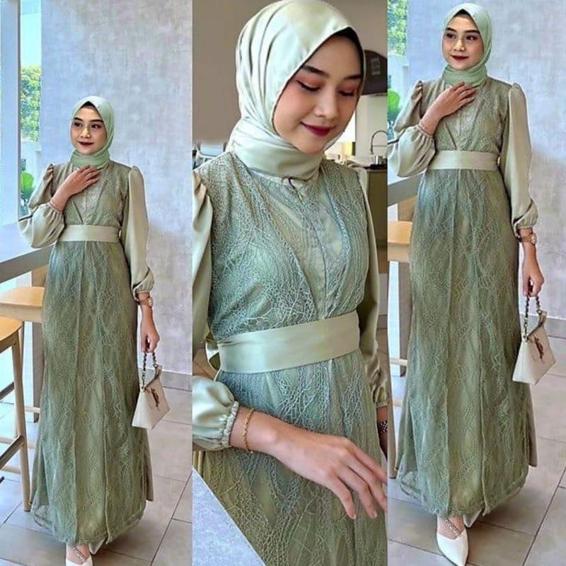 Gamis Wanita Long Dress Satin Aksen Brukat