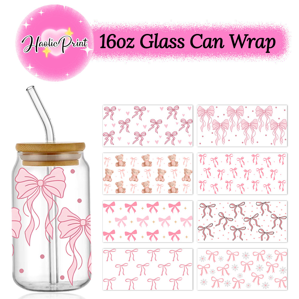 

Pink Flowy Bows UV DTF Cup Wrap For 16oz Libbey Beer Glass Can Pretty Love Ribbons Cute Girly Cup Wrap Design UV DTF Sticker