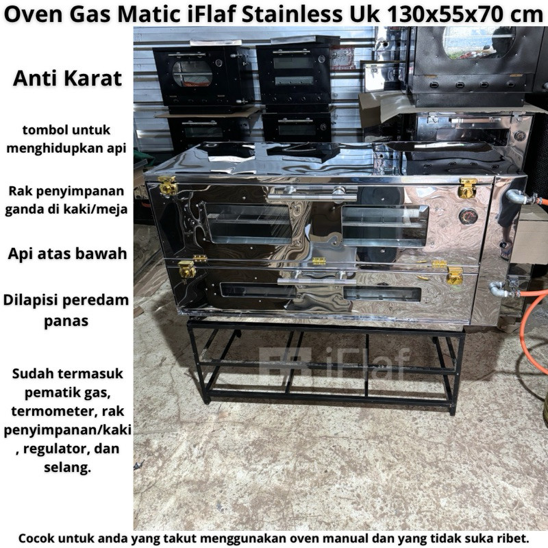 Oven Gas Otomatis Manual Stainless Anti Karat - Api Atas Bawah, Kapasitas Besar 130x55x70 cm, Free L