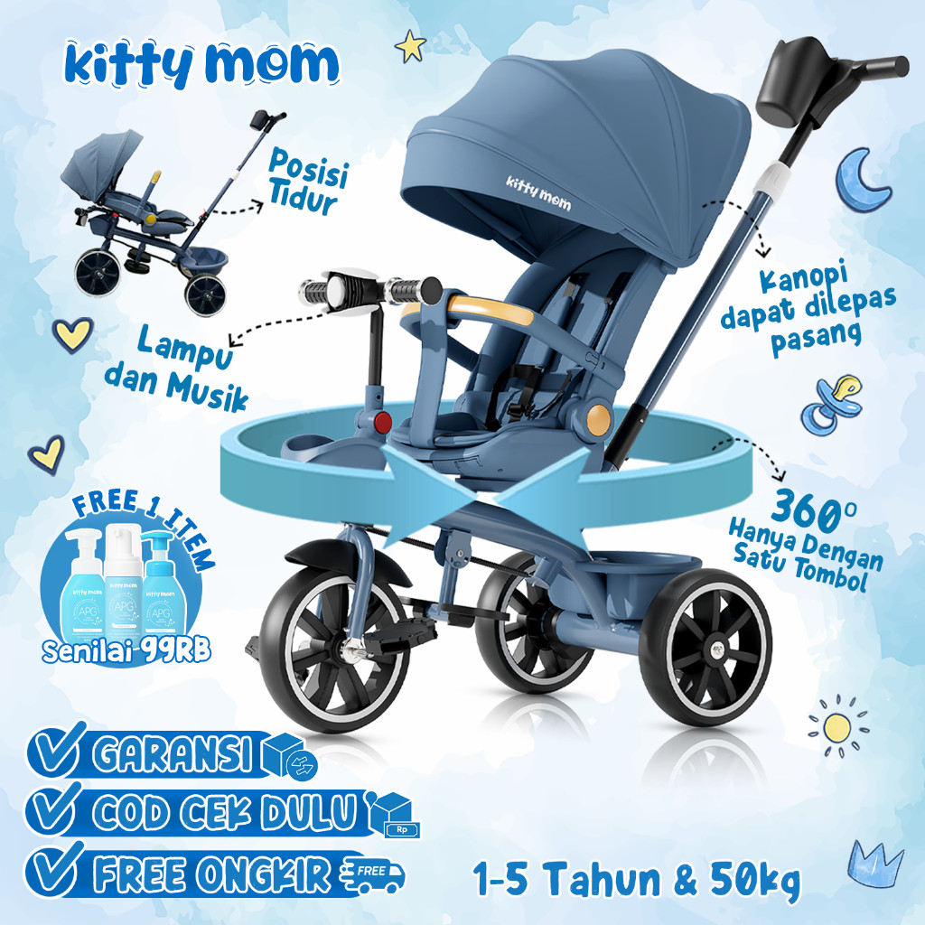 Kitty Mom - Sepeda Anak Roda 3 Bayi 1 Tahun Travelling Tricycle Multifungsi Bisa Putar Dan Berbaring